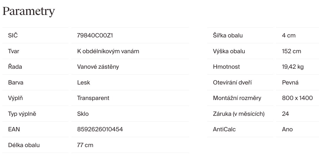 Ravak PVS1 - 800x1400 mm, vanová zástěna-parametry